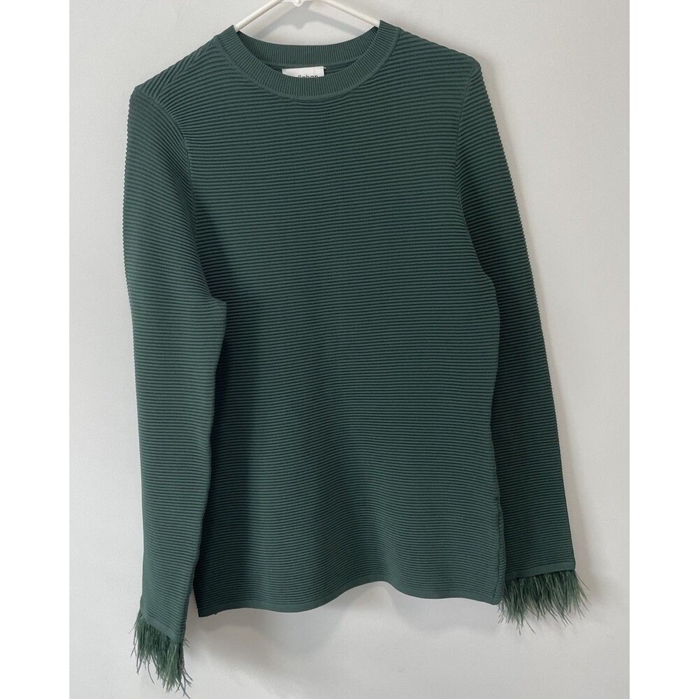 Callahan Free People Green Ribbed Feather Trim Small Sweater Chic Holiday Party